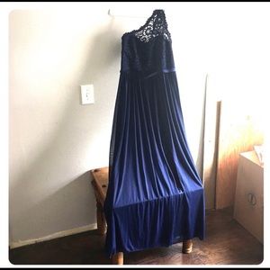 Lace one shoulder navy David’s bridal dress